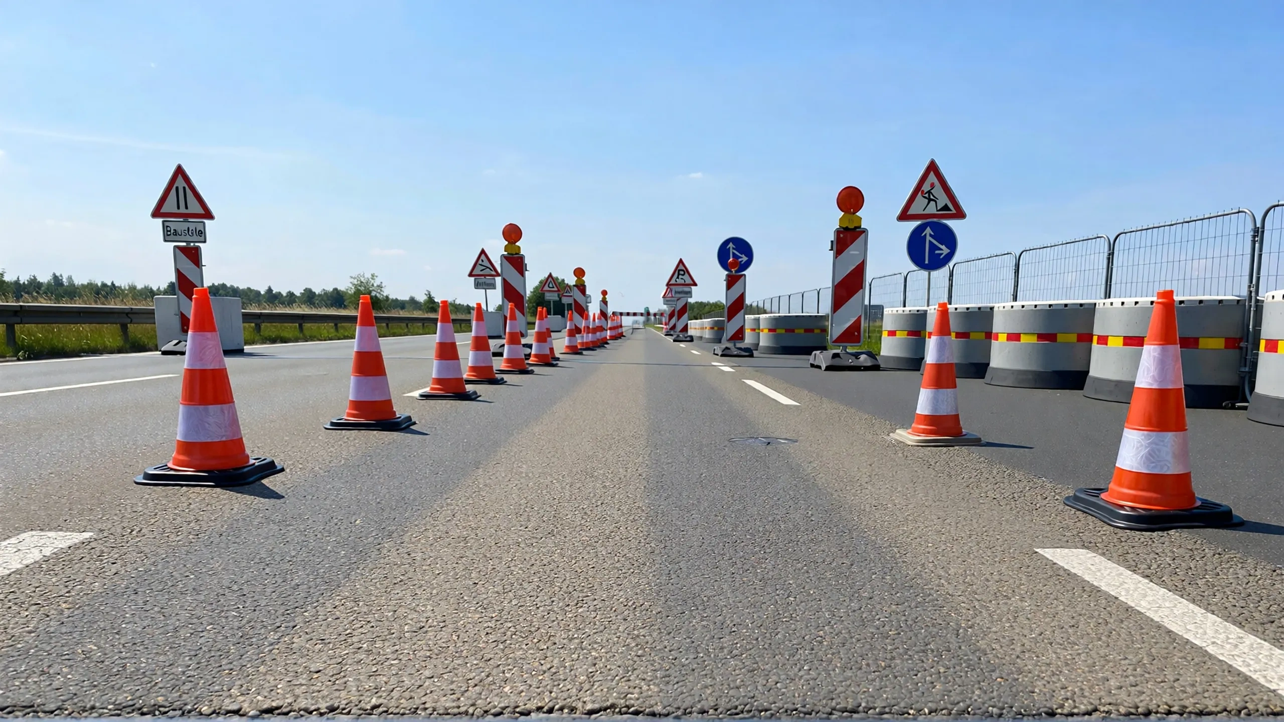 Baustelle mit Verkehrshütchen und Schildern