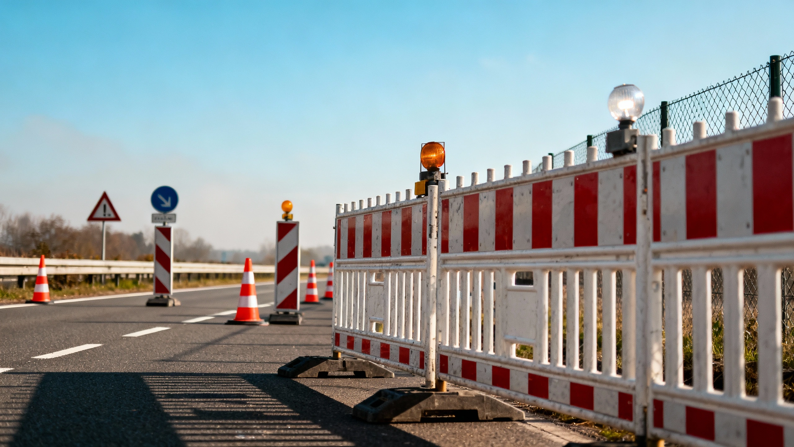 Straßensperrung mit Baustellenabsperrung