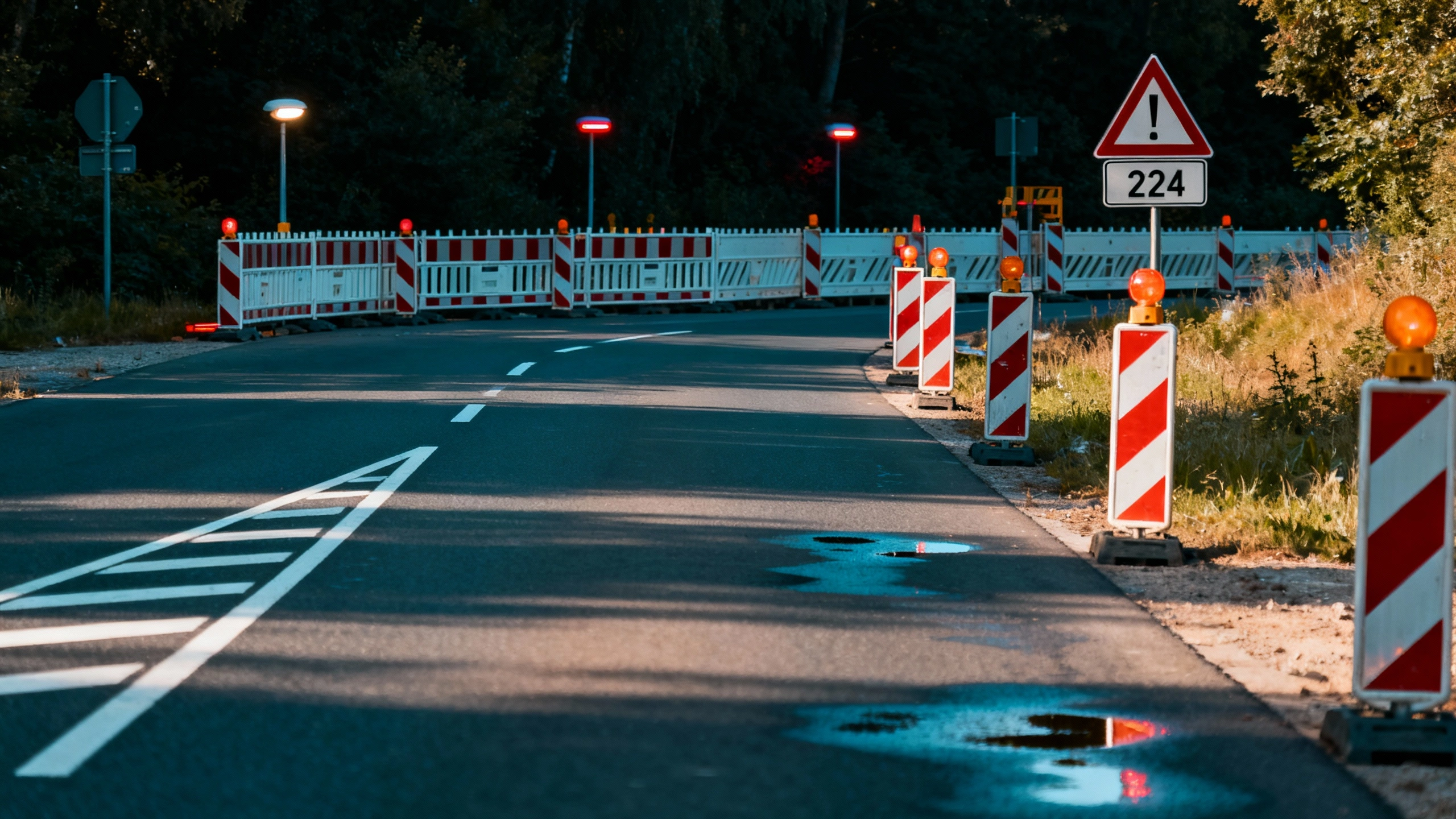 Gesperrte Straße mit Baustellenschildern