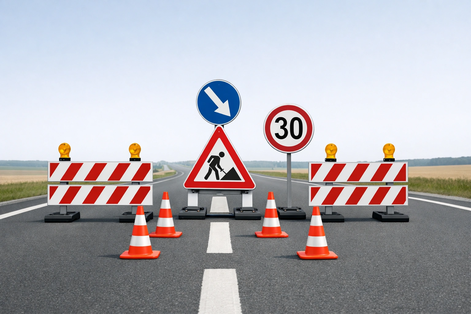 Baustelle mit Verkehrszeichen und Absperrungen